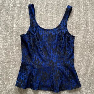 Express Blue Black Lace Peplum‎ Tank Top Small Y2K Whimsigoth Partywear Date